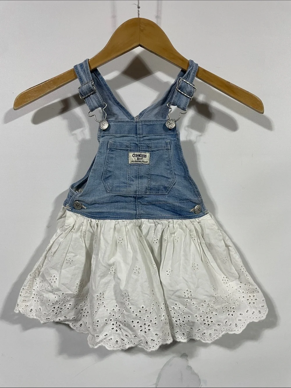 OshKosh B'gosh Light Blue Denim Overall Dress with White Eyelet Skirt